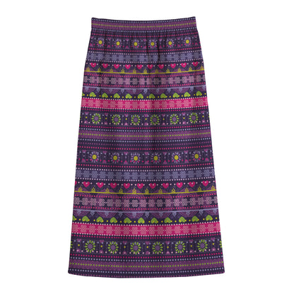 Purple Native Tribal Pattern Print Cotton Front Slit Maxi Skirt