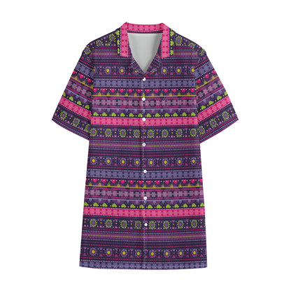Purple Native Tribal Pattern Print Cotton Hawaiian Shirt