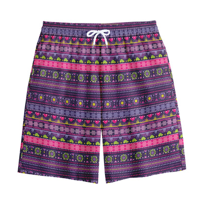 Purple Native Tribal Pattern Print Cotton Shorts