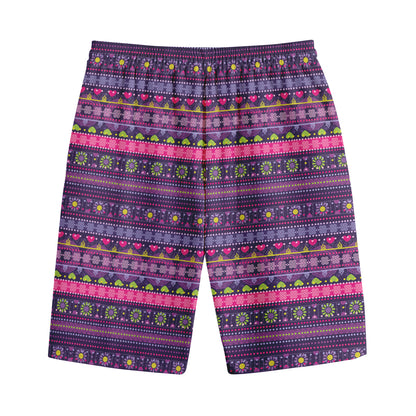 Purple Native Tribal Pattern Print Cotton Shorts
