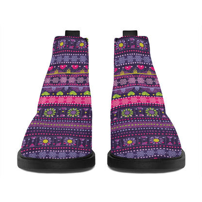 Purple Native Tribal Pattern Print Flat Ankle Boots