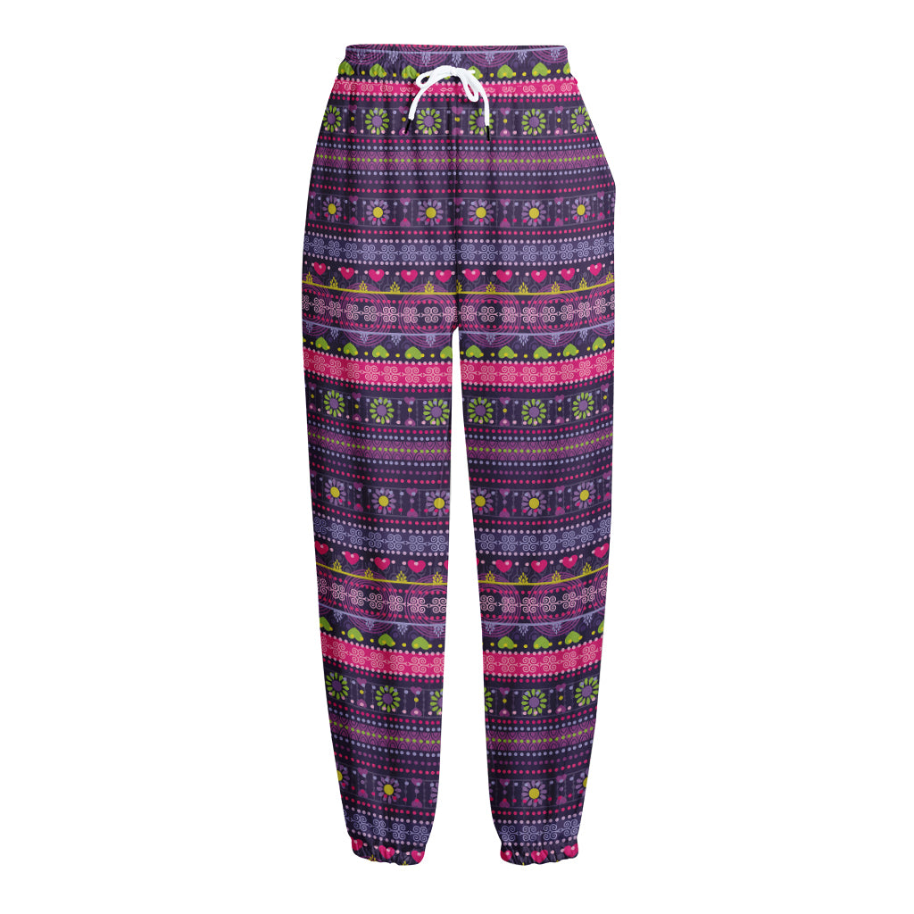 Purple Native Tribal Pattern Print Fleece Lined Knit Pants