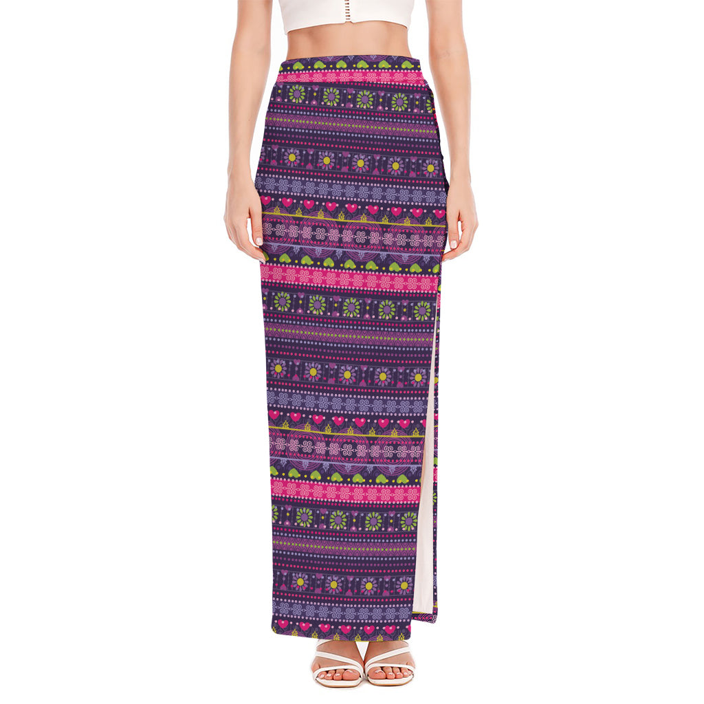 Purple Native Tribal Pattern Print High Slit Maxi Skirt