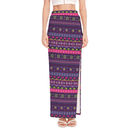 Purple Native Tribal Pattern Print High Slit Maxi Skirt