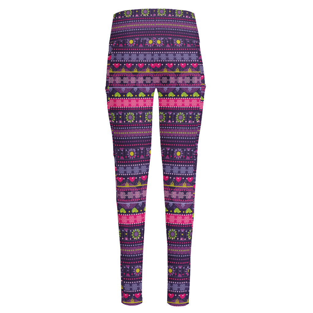 Purple Native Tribal Pattern Print High-Waisted Pocket Leggings