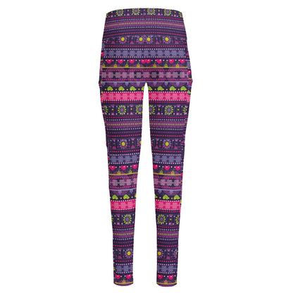 Purple Native Tribal Pattern Print High-Waisted Pocket Leggings
