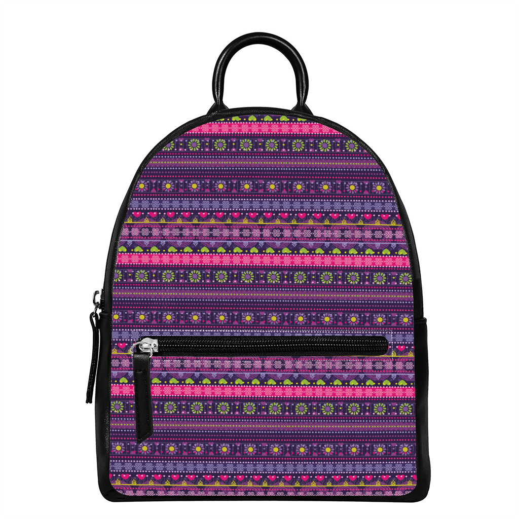 Purple Native Tribal Pattern Print Leather Backpack