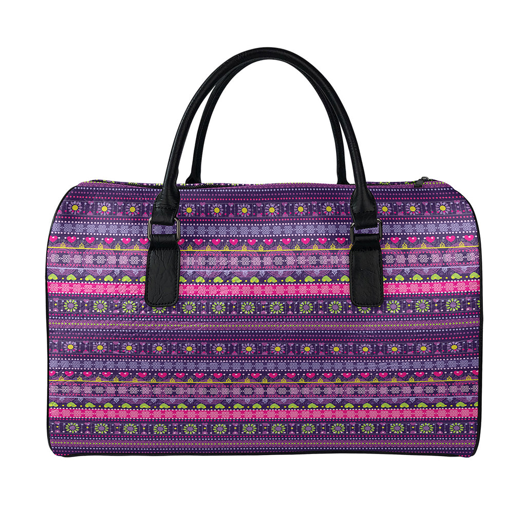 Purple Native Tribal Pattern Print Leather Duffle Bag