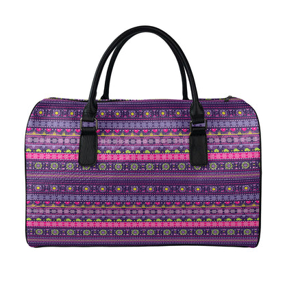 Purple Native Tribal Pattern Print Leather Duffle Bag