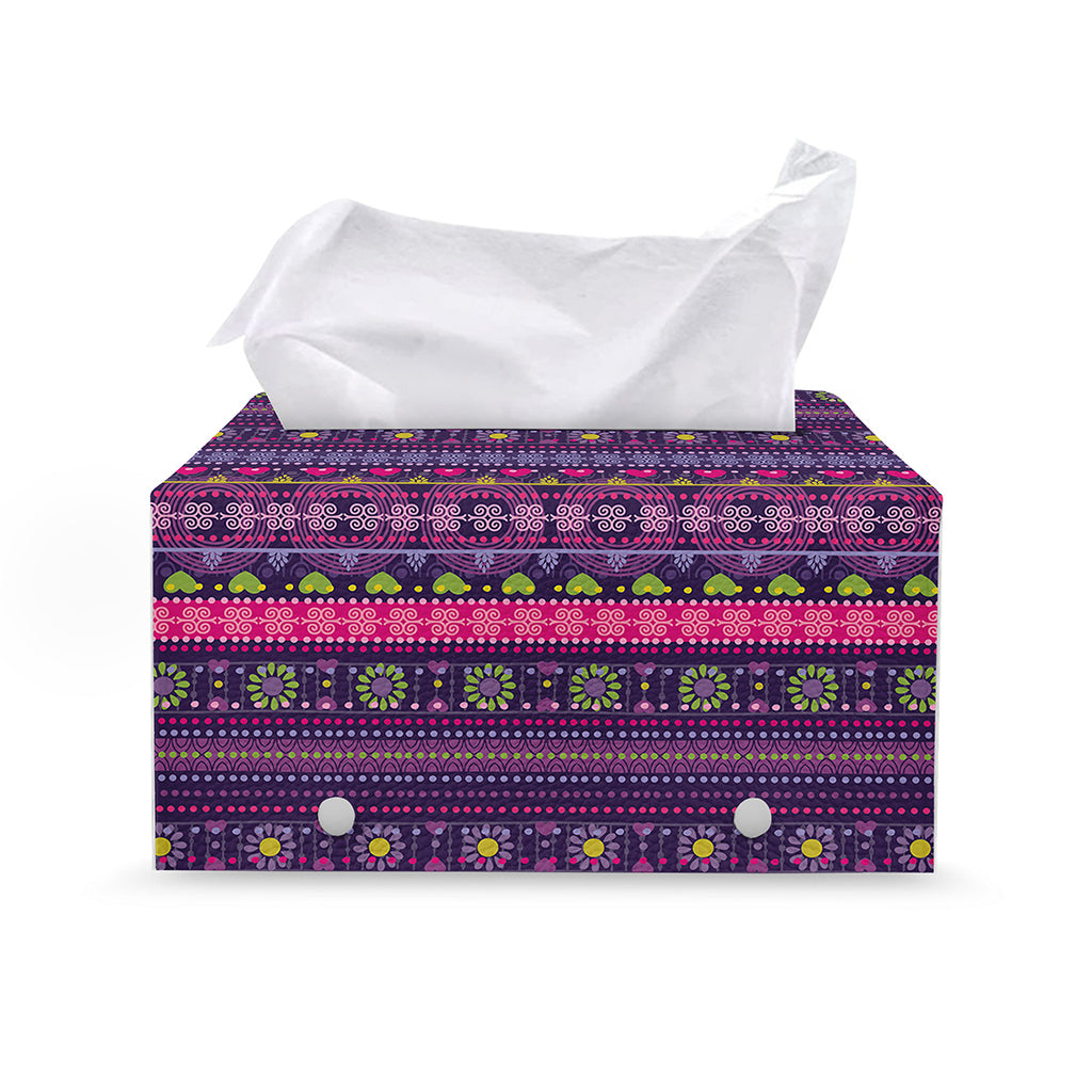 Purple Native Tribal Pattern Print Leather Tissue Box Cover