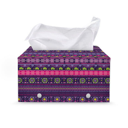 Purple Native Tribal Pattern Print Leather Tissue Box Cover