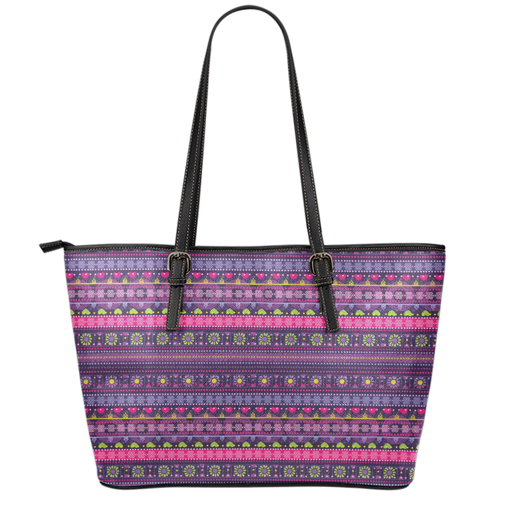 Purple Native Tribal Pattern Print Leather Tote Bag
