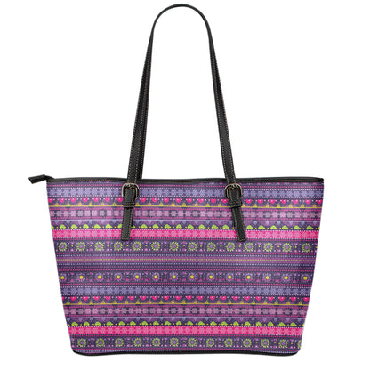 Purple Native Tribal Pattern Print Leather Tote Bag