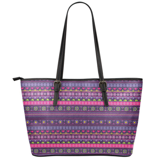 Purple Native Tribal Pattern Print Leather Tote Bag