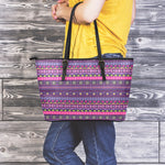 Purple Native Tribal Pattern Print Leather Tote Bag