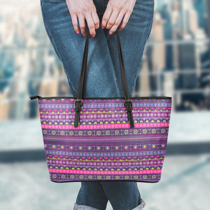Purple Native Tribal Pattern Print Leather Tote Bag