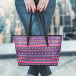 Purple Native Tribal Pattern Print Leather Tote Bag
