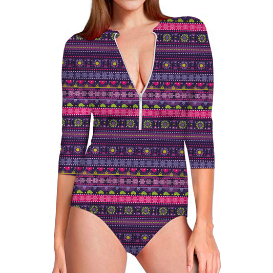 Purple Native Tribal Pattern Print Long Sleeve Swimsuit