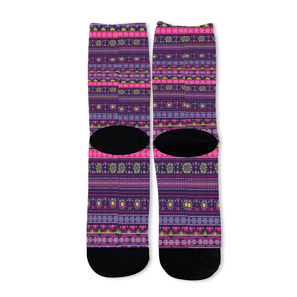 Purple Native Tribal Pattern Print Long Socks