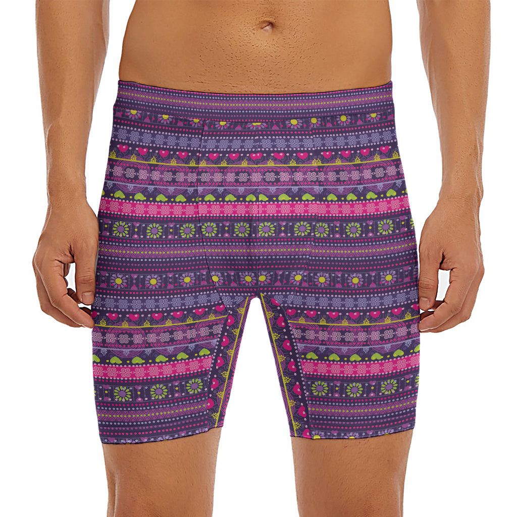 Purple Native Tribal Pattern Print Men's Long Boxer Briefs