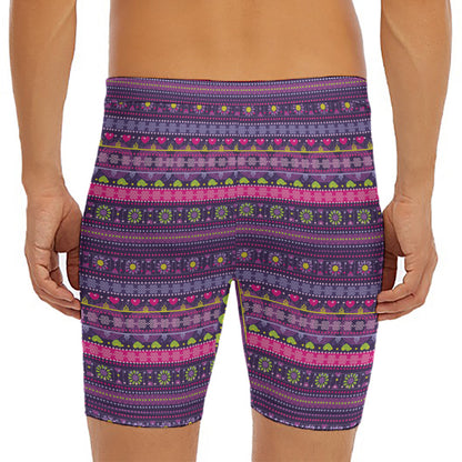 Purple Native Tribal Pattern Print Men's Long Boxer Briefs