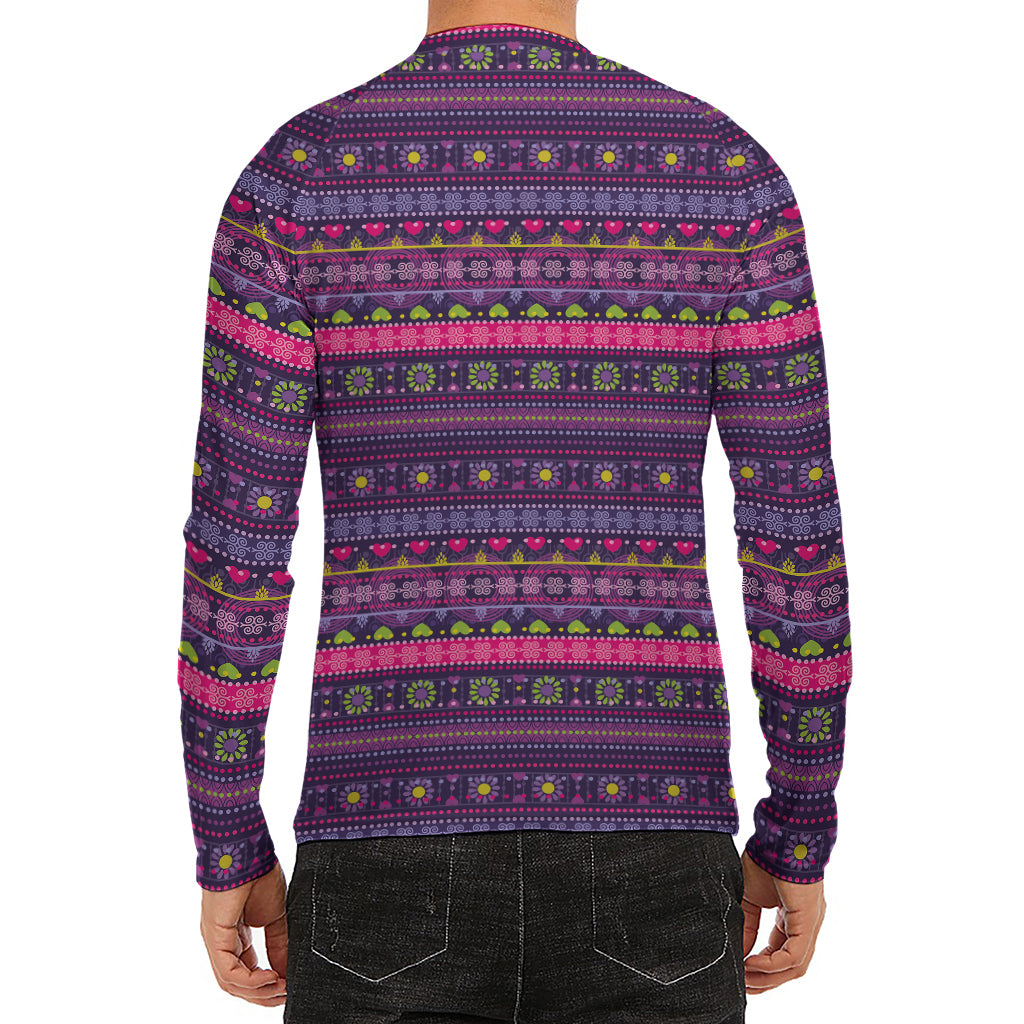 Purple Native Tribal Pattern Print Men's Long Sleeve Rash Guard