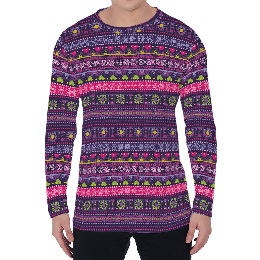 Purple Native Tribal Pattern Print Men's Long Sleeve T-Shirt