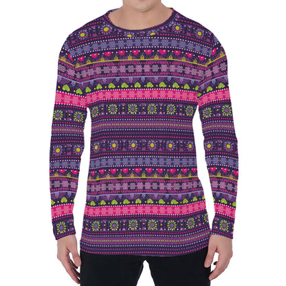 Purple Native Tribal Pattern Print Men's Long Sleeve T-Shirt