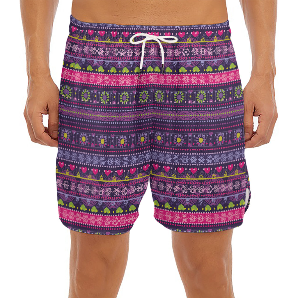 Purple Native Tribal Pattern Print Men's Split Running Shorts
