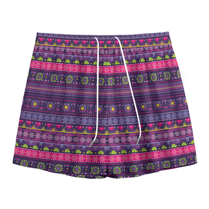 Purple Native Tribal Pattern Print Mesh Shorts