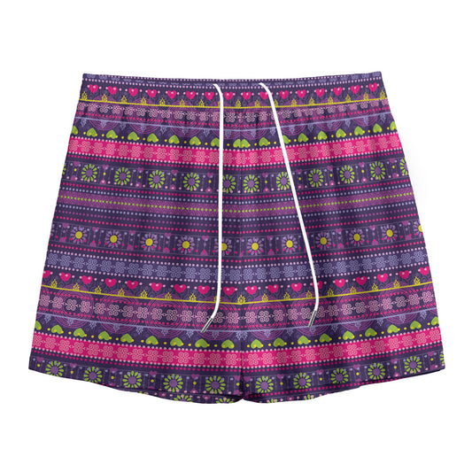 Purple Native Tribal Pattern Print Mesh Shorts