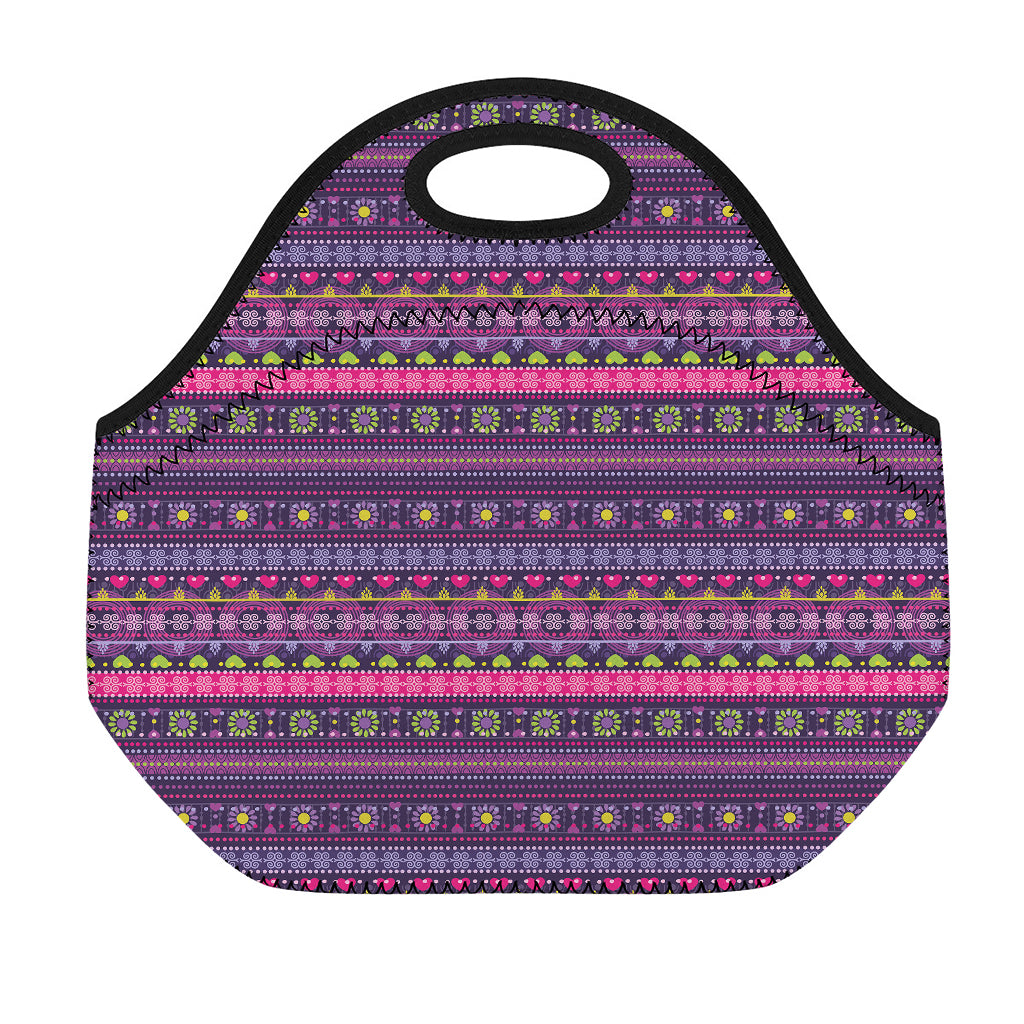 Purple Native Tribal Pattern Print Neoprene Lunch Bag