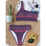 Purple Native Tribal Pattern Print One Shoulder Bikini Top