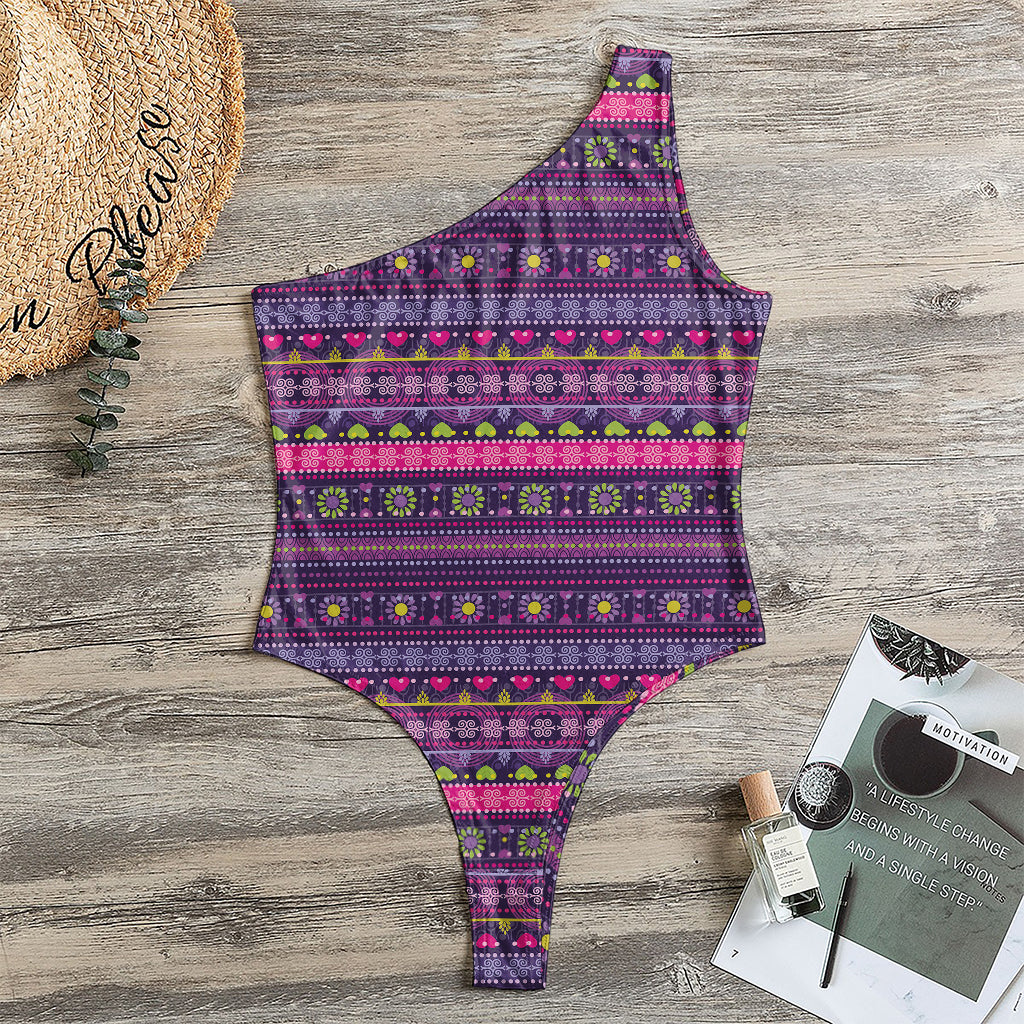 Purple Native Tribal Pattern Print One Shoulder Bodysuit