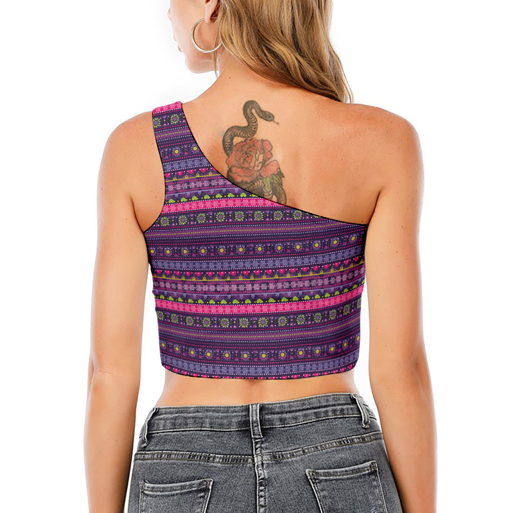 Purple Native Tribal Pattern Print One Shoulder Crop Top