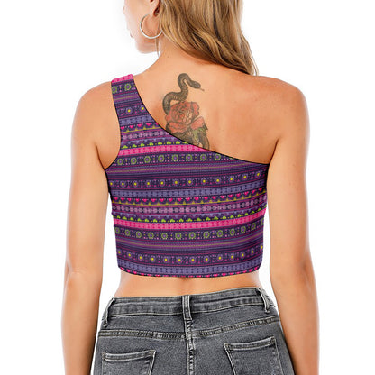 Purple Native Tribal Pattern Print One Shoulder Crop Top