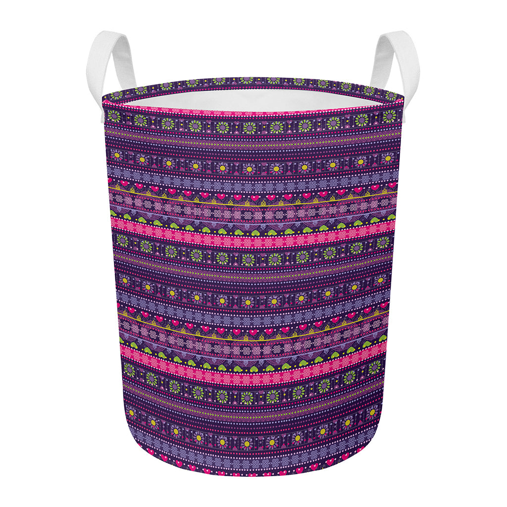 Purple Native Tribal Pattern Print Round Laundry Basket