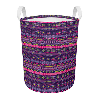 Purple Native Tribal Pattern Print Round Laundry Basket