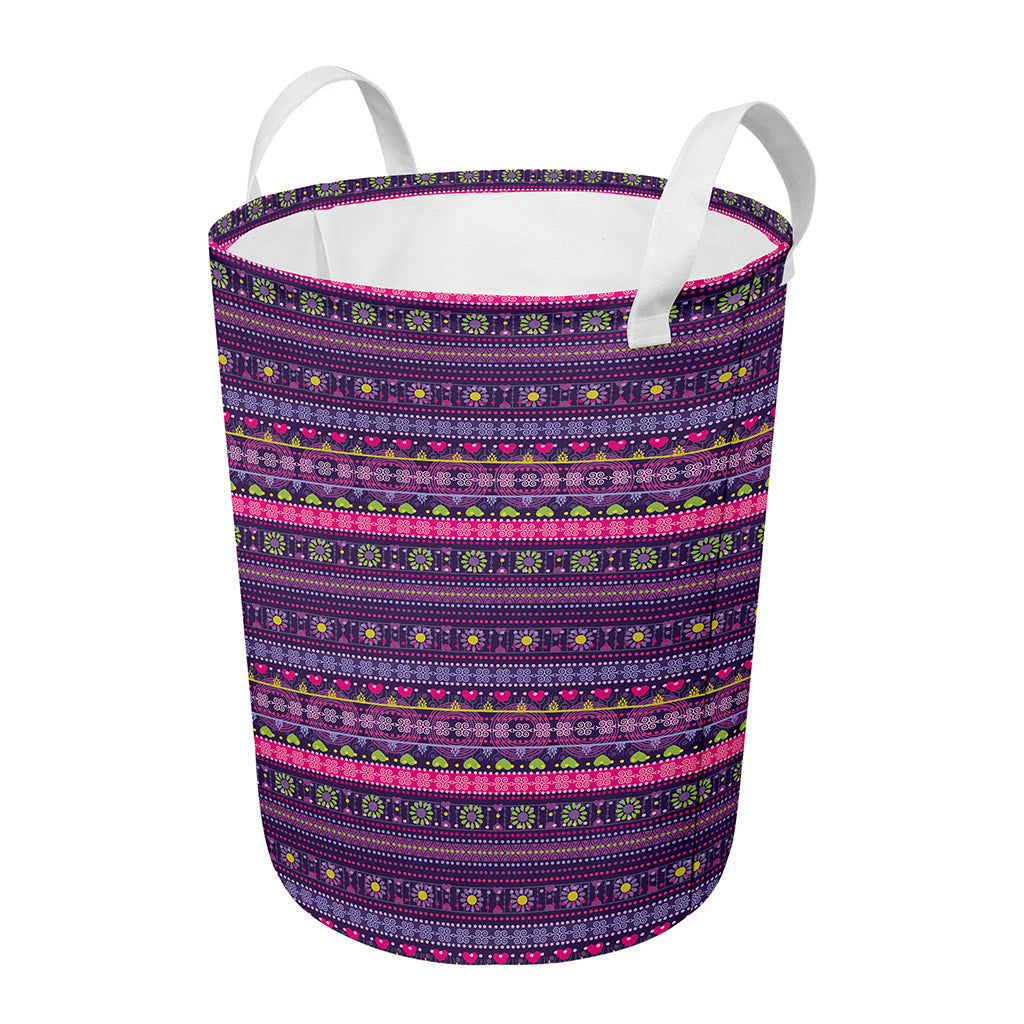 Purple Native Tribal Pattern Print Round Laundry Basket