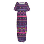 Purple Native Tribal Pattern Print Short Sleeve Long Nightdress