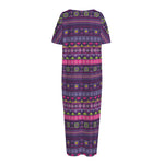 Purple Native Tribal Pattern Print Short Sleeve Long Nightdress