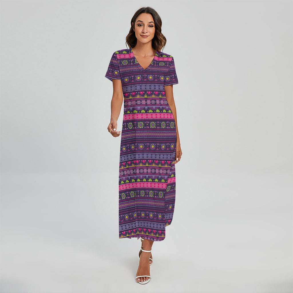 Purple Native Tribal Pattern Print Short Sleeve Maxi Dress