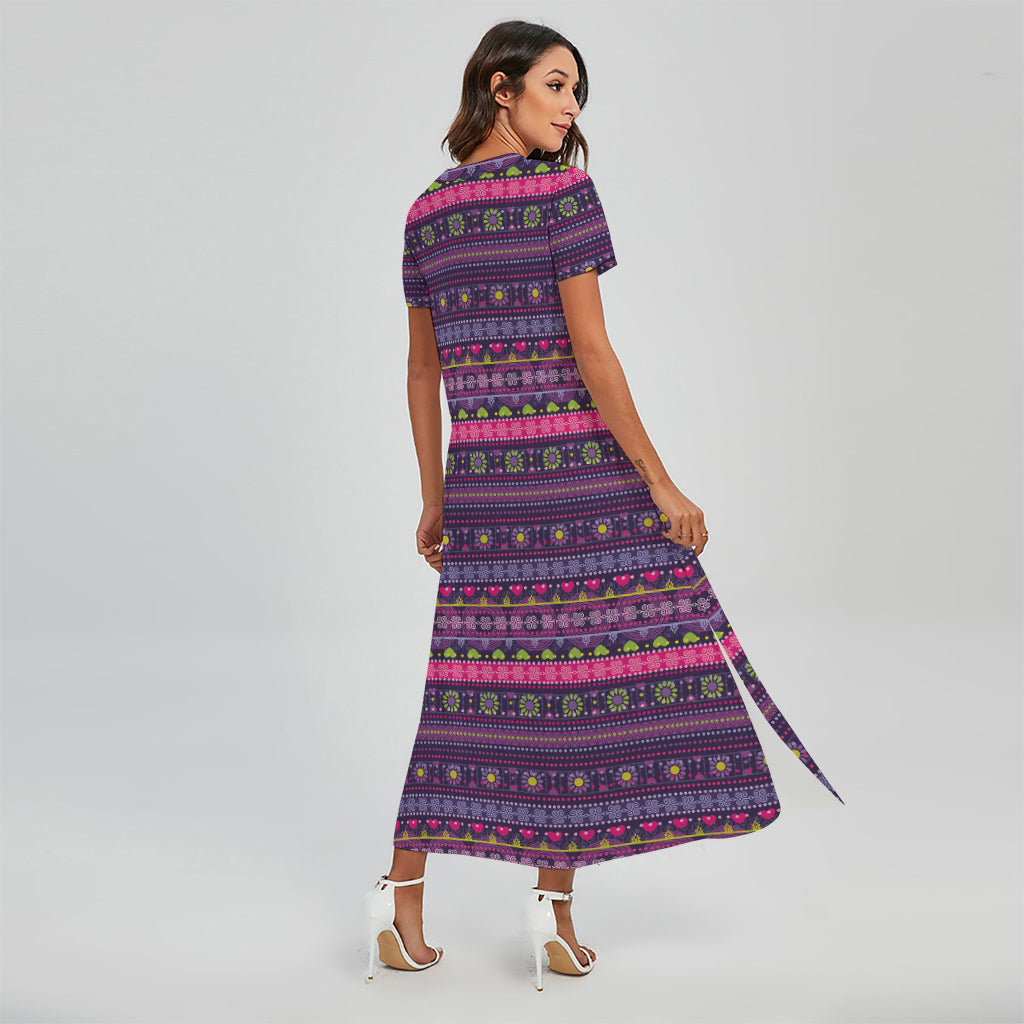 Purple Native Tribal Pattern Print Short Sleeve Maxi Dress