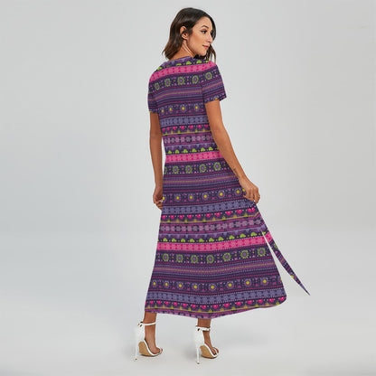 Purple Native Tribal Pattern Print Short Sleeve Maxi Dress