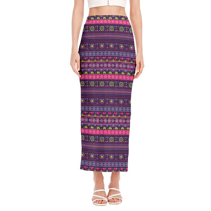 Purple Native Tribal Pattern Print Side Slit Maxi Skirt