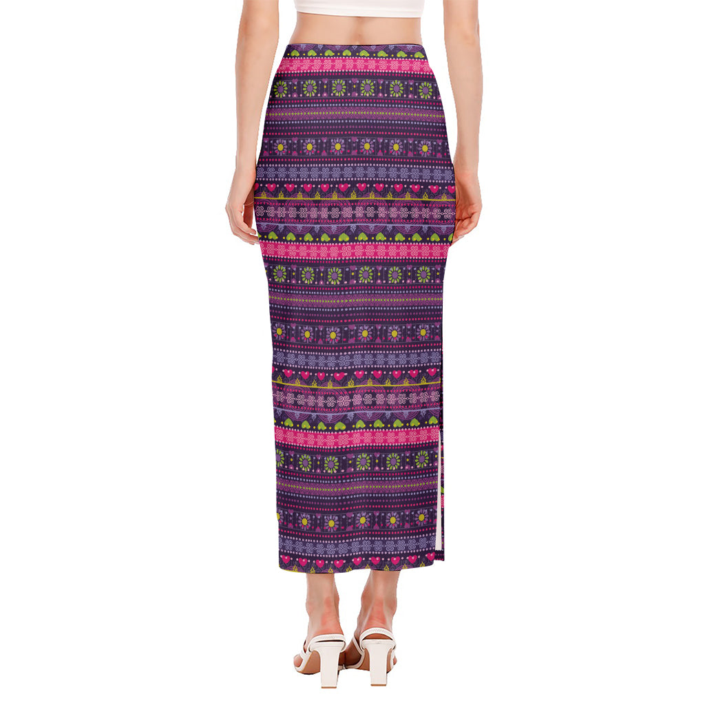 Purple Native Tribal Pattern Print Side Slit Maxi Skirt
