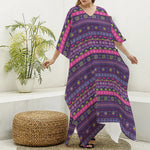 Purple Native Tribal Pattern Print Silk V-Neck Kaftan Dress