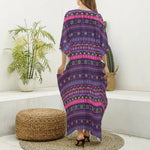 Purple Native Tribal Pattern Print Silk V-Neck Kaftan Dress