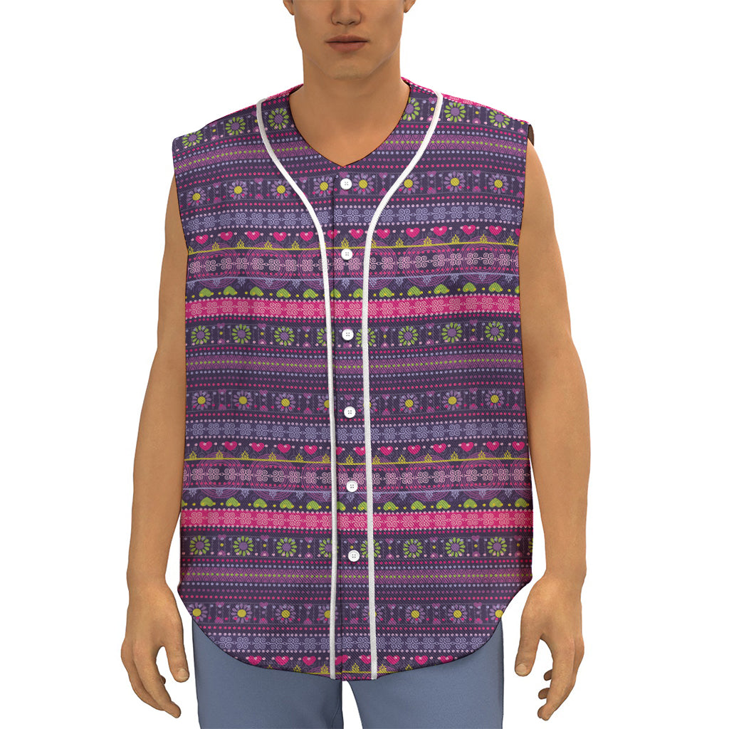 Purple Native Tribal Pattern Print Sleeveless Baseball Jersey