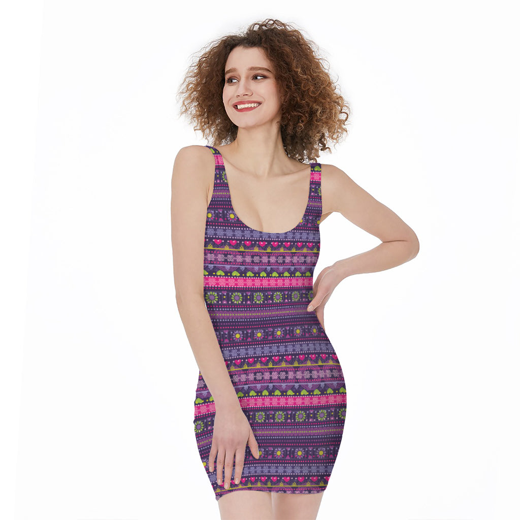 Purple Native Tribal Pattern Print Sleeveless Bodycon Dress